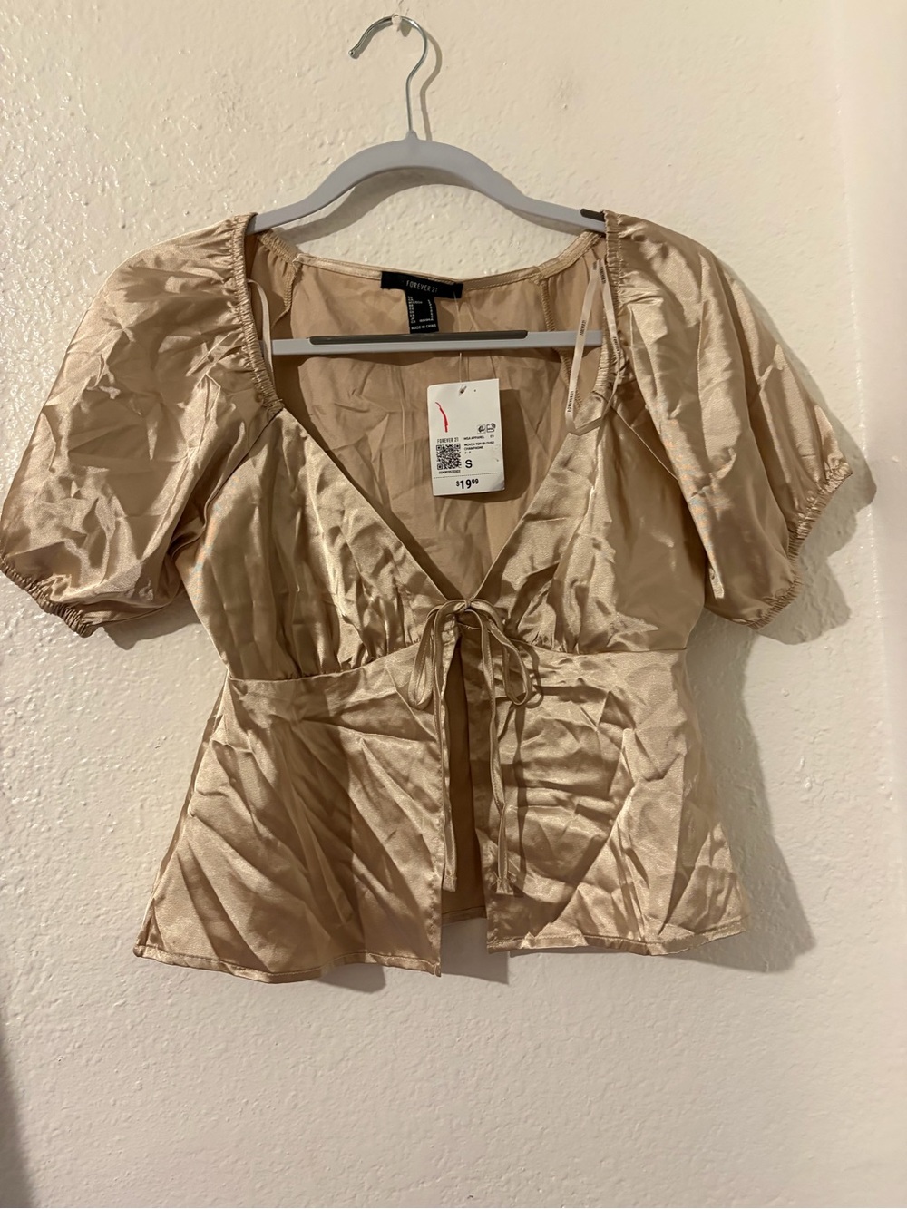 Express Champagne Satin Tie-Front Puff Sleeve Top